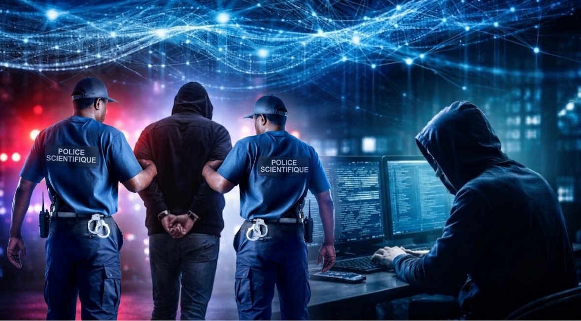 Deux agents de la police scientifique ivoirienne conduisent un cybercriminel interpellé, menottes aux poignets