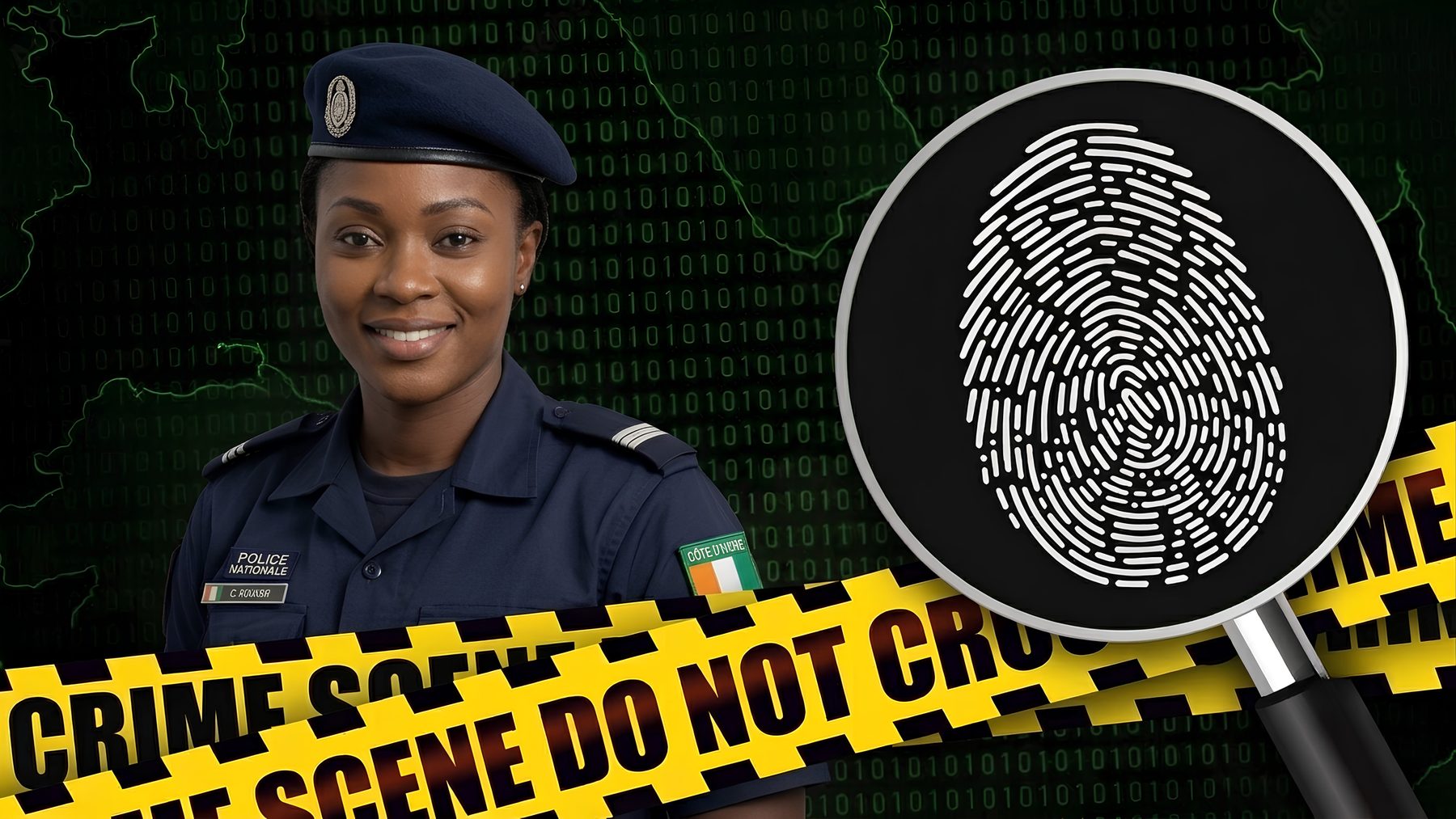Agent de la police nationale ivoirienne et empreinte digitale analysée à la loupe