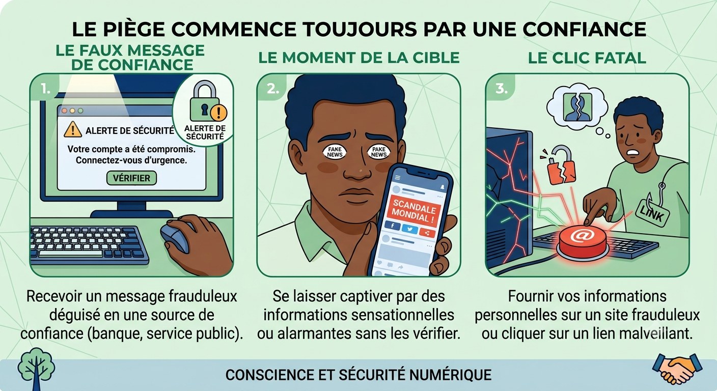 Les trois temps du piège numérique : le faux message de confiance, le moment de la cible, le clic fatal