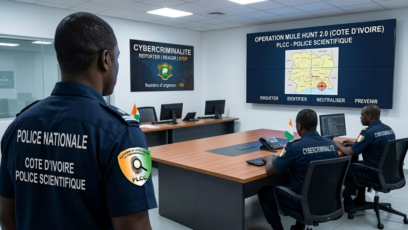 Salle d'opérations de la police scientifique ivoirienne pendant une opération de lutte contre la cybercriminalité